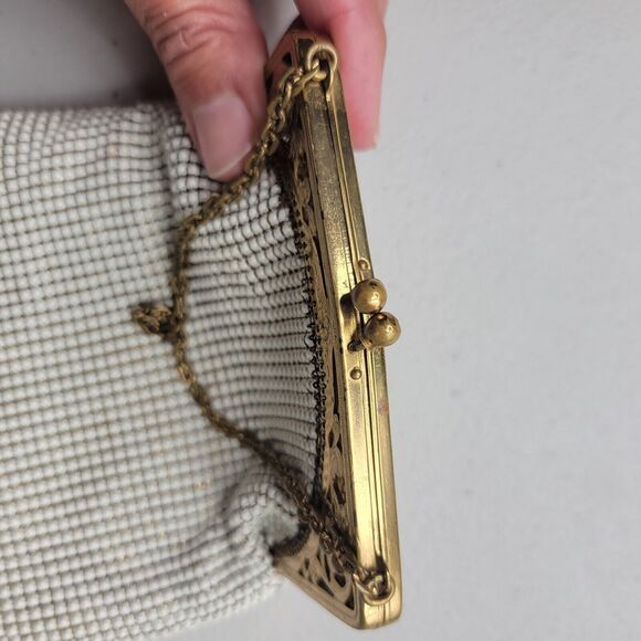 Whiting & Davis White Enameled Mesh Bag Vintage 50's Gold Metal Frame Chain USA - Picture 10 of 16